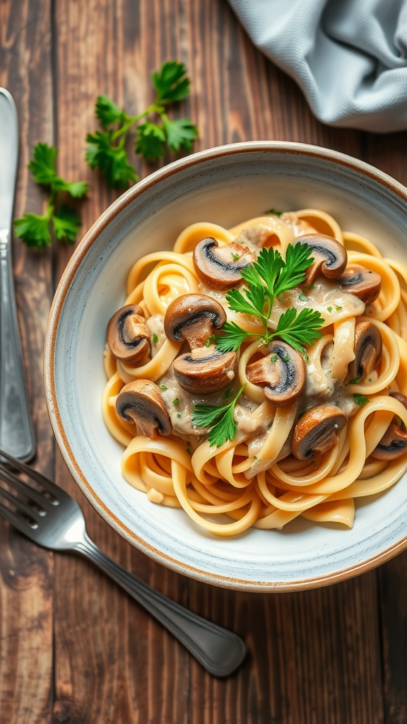 A creamy vegan mushroom stroganoff in a bowl, garnished with parsley, served with wide noodles and mushrooms.